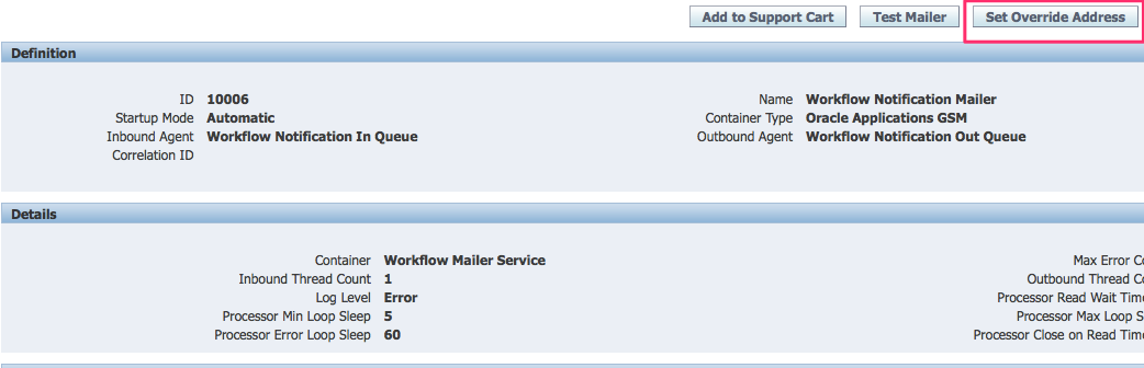 Oracle set workflow override email address